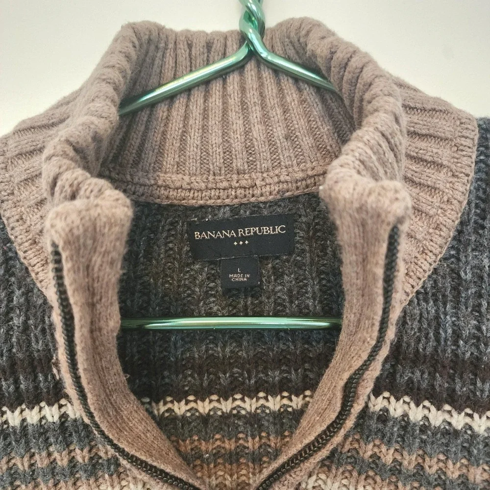 Banana Republic Mens Quarter Zip Sweater Taupe Brown Striped Wool Blend L Preppy